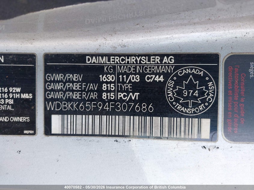 2004 Mercedes-Benz Slk 320 VIN: WDBKK65F94F307686 Lot: 40070582