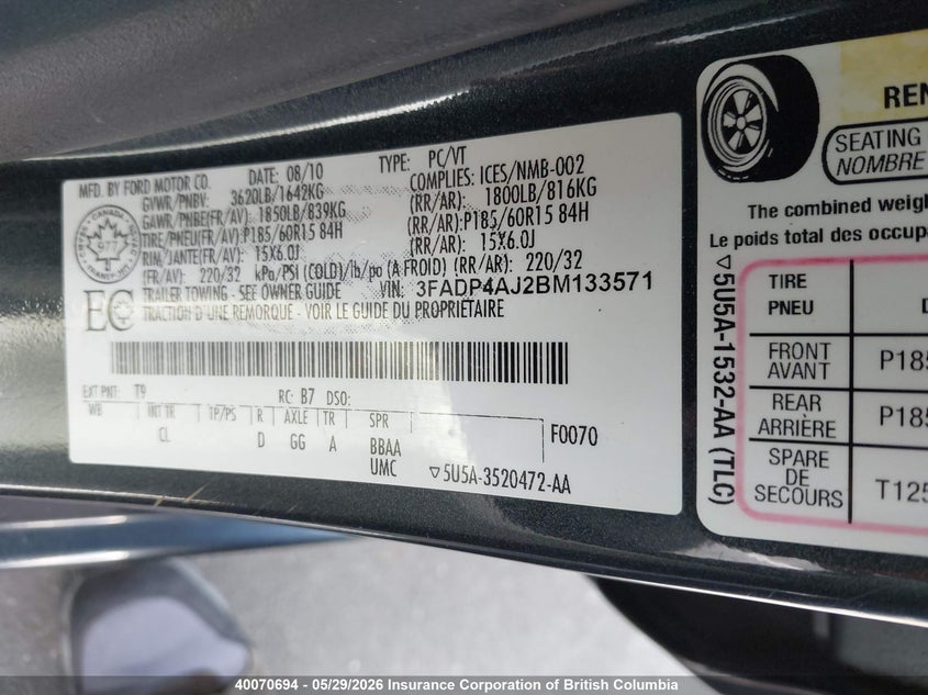 2011 Ford Fiesta S VIN: 3FADP4AJ2BM133571 Lot: 40070694