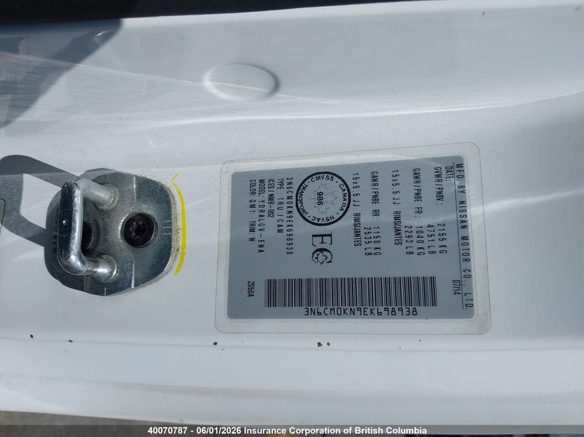 2014 Nissan Nv200 2.5S/2.5Sv VIN: 3N6CM0KN9EK698938 Lot: 40070787
