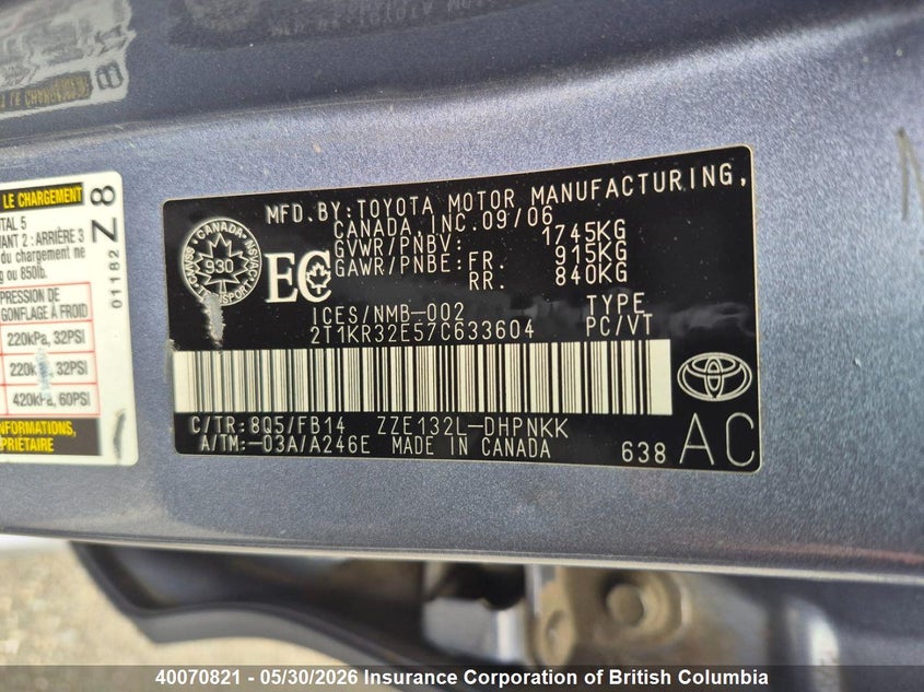 2007 Toyota Corolla Matrix Xr VIN: 2T1KR32E57C633604 Lot: 40070821