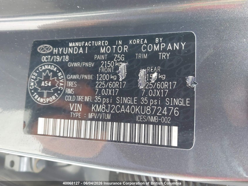 2019 Hyundai Tucson Se VIN: KM8J2CA40KU872476 Lot: 40068127