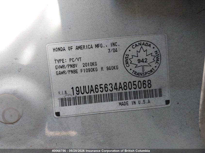 2004 Acura Tl VIN: 19UUA65634A805068 Lot: 40068756