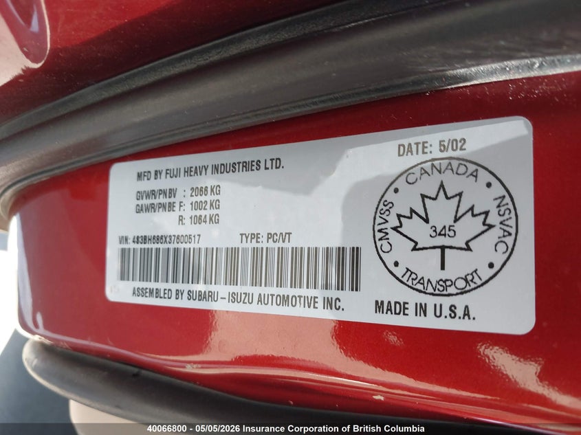 2003 Subaru Legacy Outback Limited VIN: 4S3BH686X37600517 Lot: 40066800