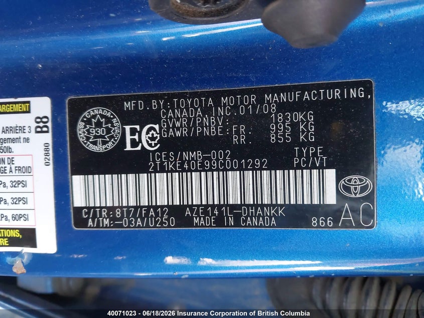 2009 TOYOTA MATRIX HATCHBACK 2.4L I4 FI DOHC 16V NF4