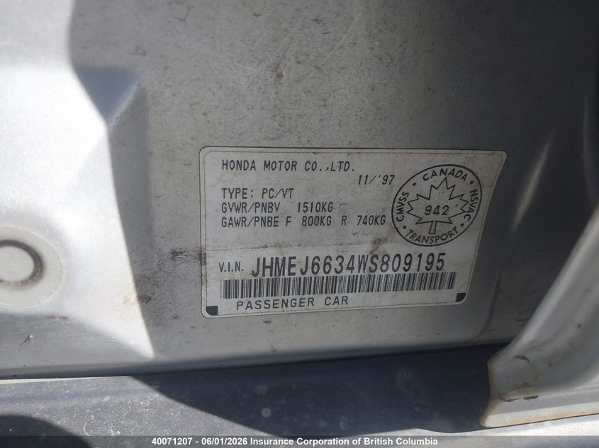 1998 Honda Civic VIN: JHMEJ6634WS809195 Lot: 40071207