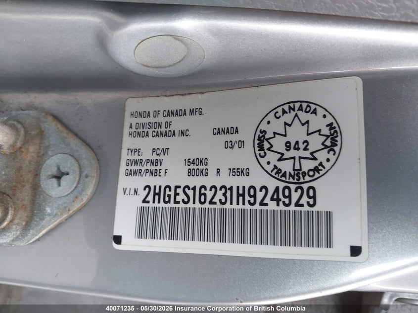 2001 Honda Civic VIN: 2HGES16231H924929 Lot: 40071235