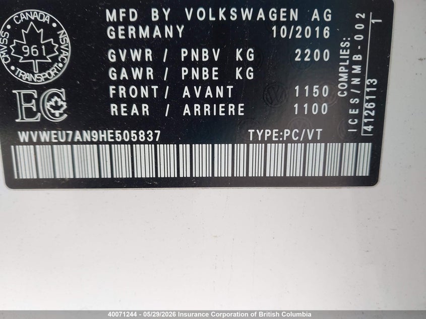 2017 Volkswagen Cc VIN: WVWEU7AN9HE505837 Lot: 40071244