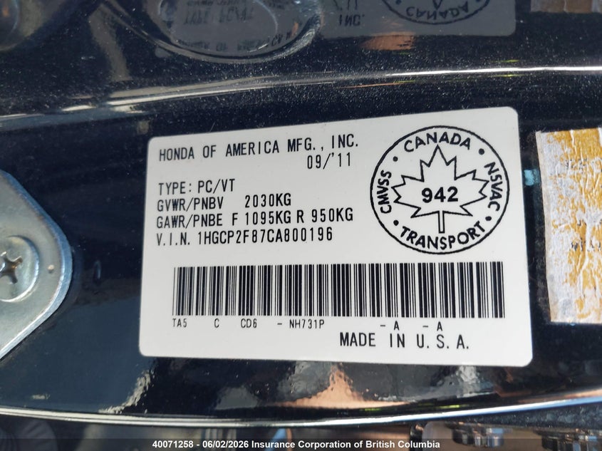2012 HONDA ACCORD SEDAN 2.4L I4 FI DOHC 16V NF4