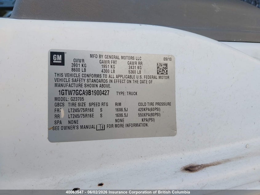 2011 GMC Savana G2500 VIN: 1GTW7GCA9B1900427 Lot: 40063547