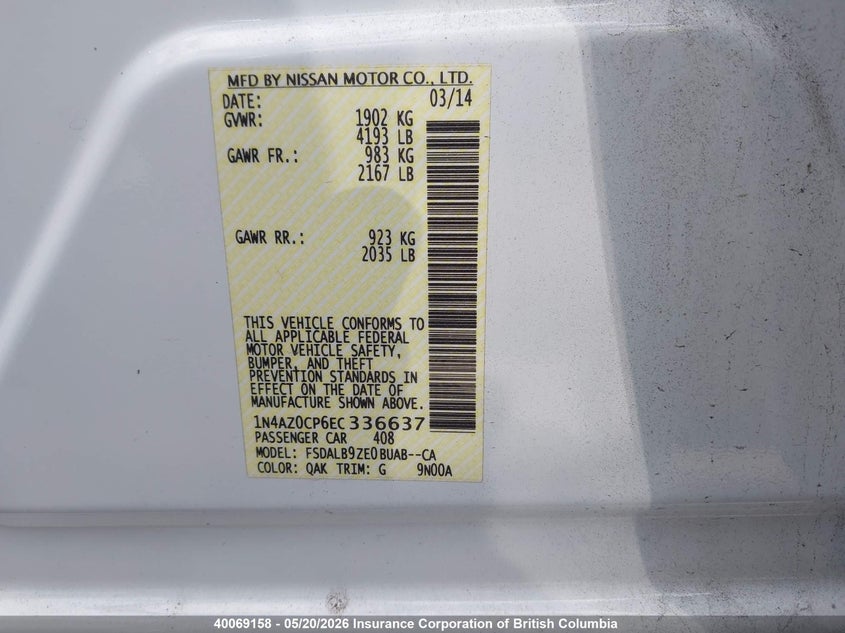 2014 Nissan Leaf S/Sv/Sl VIN: 1N4AZ0CP6EC336637 Lot: 40069158