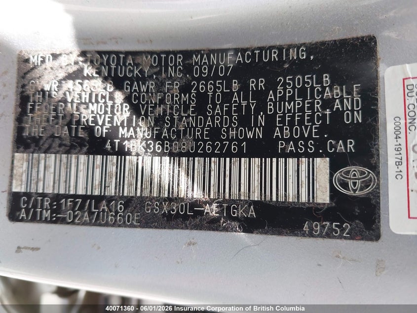 2008 Toyota Avalon Xls VIN: 4T1BK36B08U262761 Lot: 40071360