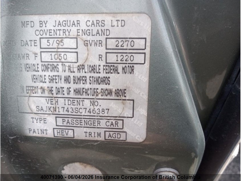1995 Jaguar Xj6 VIN: SAJKN1743SC746387 Lot: 40071390