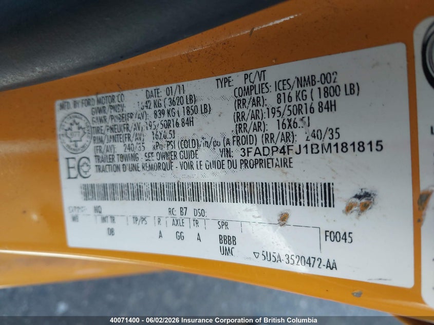 2011 Ford Fiesta Ses VIN: 3FADP4FJ1BM181815 Lot: 40071400