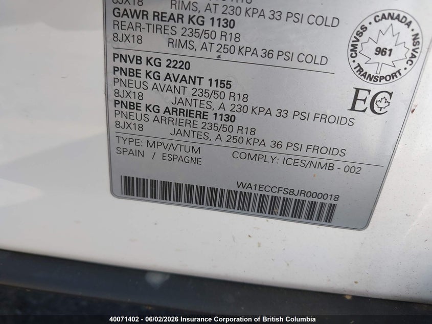 2018 Audi Q3 VIN: WA1ECCFS8JR000018 Lot: 40071402