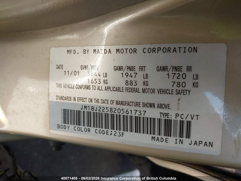 2002 Mazda Protege Dx/Lx/Es VIN: JM1BJ225820561737 Lot: 40071405