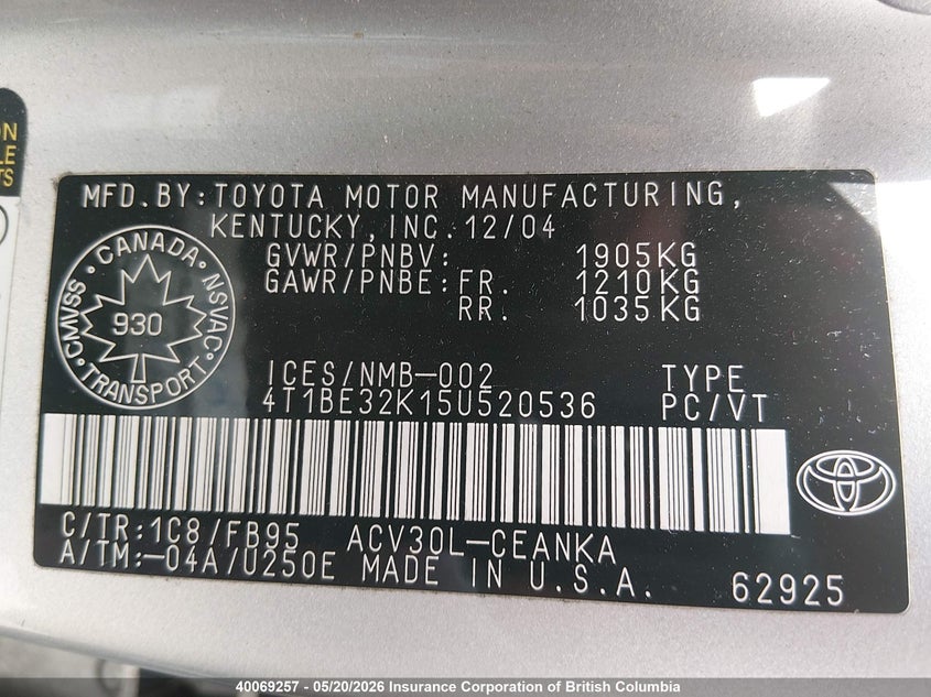 2005 Toyota Camry Le/Xle/Se VIN: 4T1BE32K15U520536 Lot: 40069257