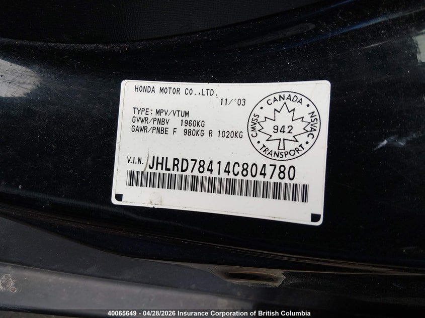 2004 Honda Cr-V Lx VIN: JHLRD78414C804780 Lot: 40065649