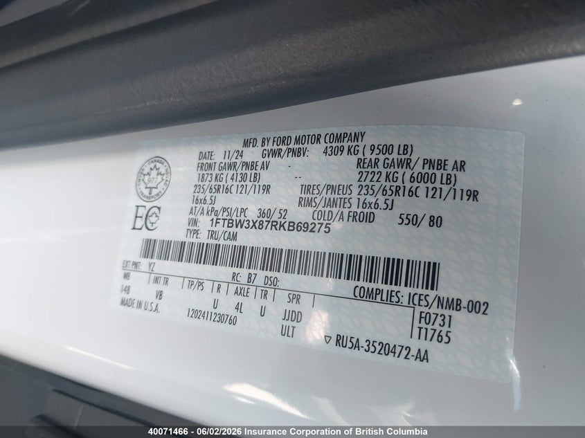 2024 Ford Transit T-350 VIN: 1FTBW3X87RKB69275 Lot: 40071466