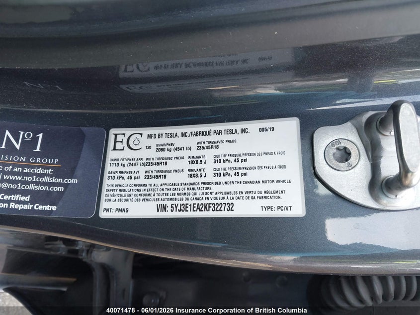 2019 Tesla Model 3 VIN: 5YJ3E1EA2KF322732 Lot: 40071478