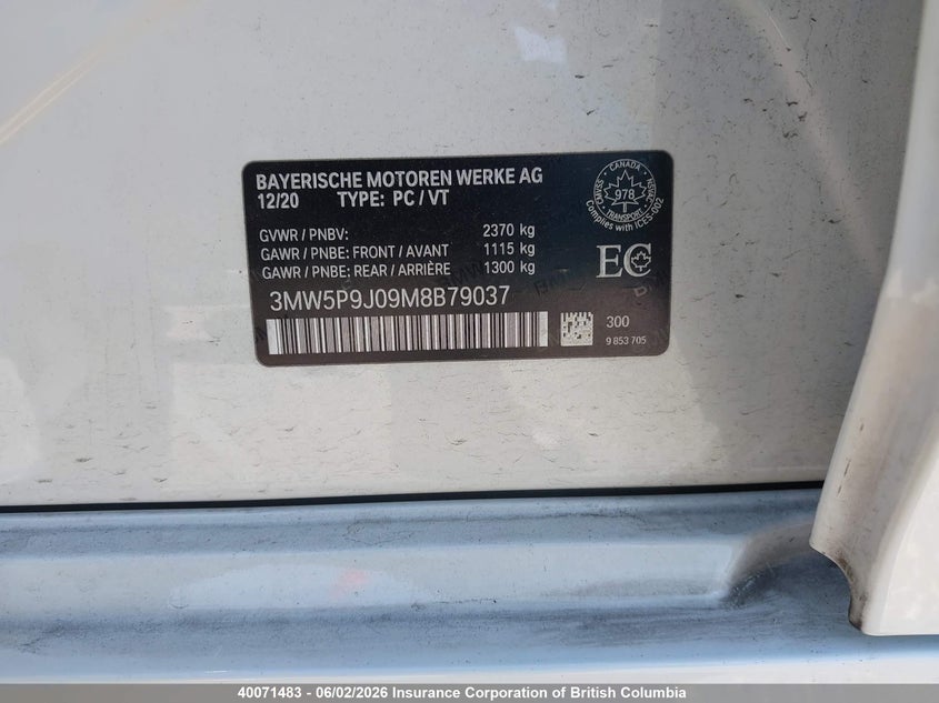 2021 BMW 330E VIN: 3MW5P9J09M8B79037 Lot: 40071483