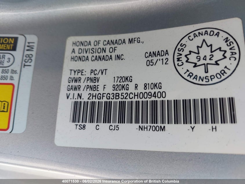 2012 HONDA CIVIC SEDAN 1.8L I4 FI SOHC 16V NF4