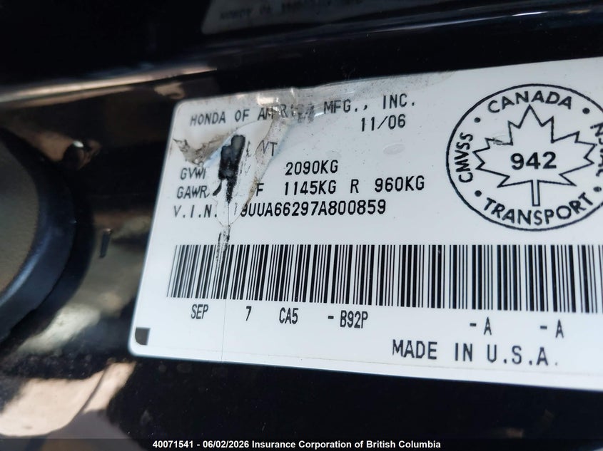 2007 Acura Tl VIN: 19UUA66297A800859 Lot: 40071541