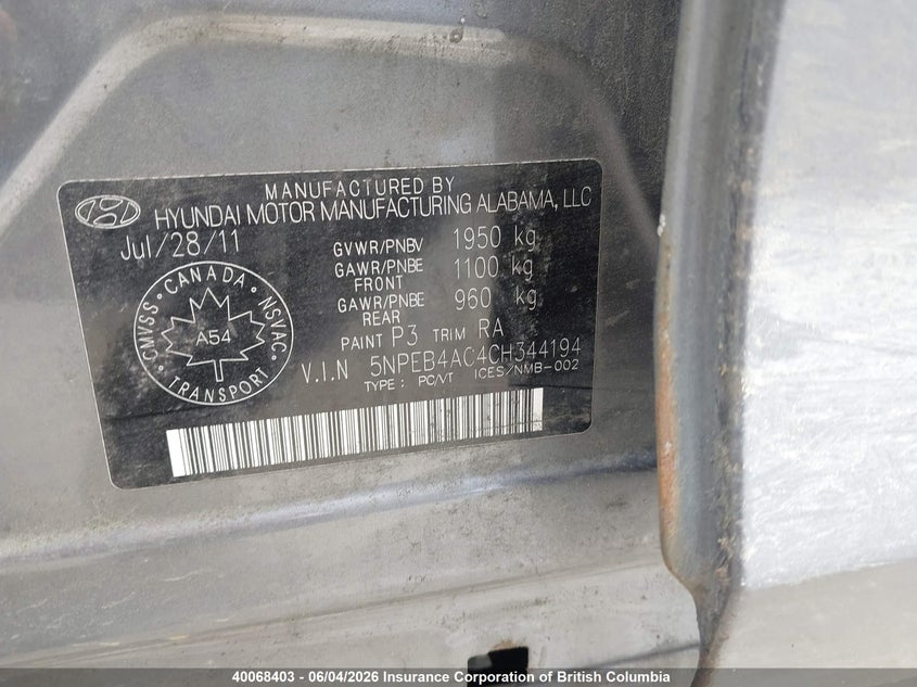 2012 Hyundai Sonata Gls VIN: 5NPEB4AC4CH344194 Lot: 40068403