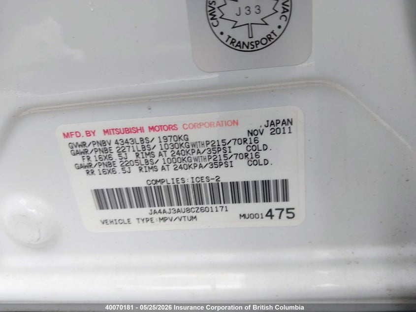 2012 Mitsubishi Rvr Se VIN: JA4AJ3AU8CZ601171 Lot: 40070181