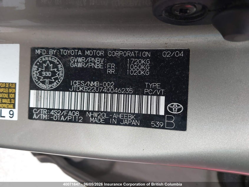 2004 Toyota Prius VIN: JTDKB22U740046235 Lot: 40071647