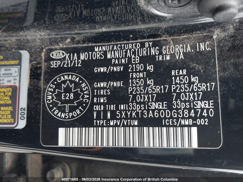 2013 Kia Sorento Lx VIN: 5XYKT3A60DG384740 Lot: 40071665