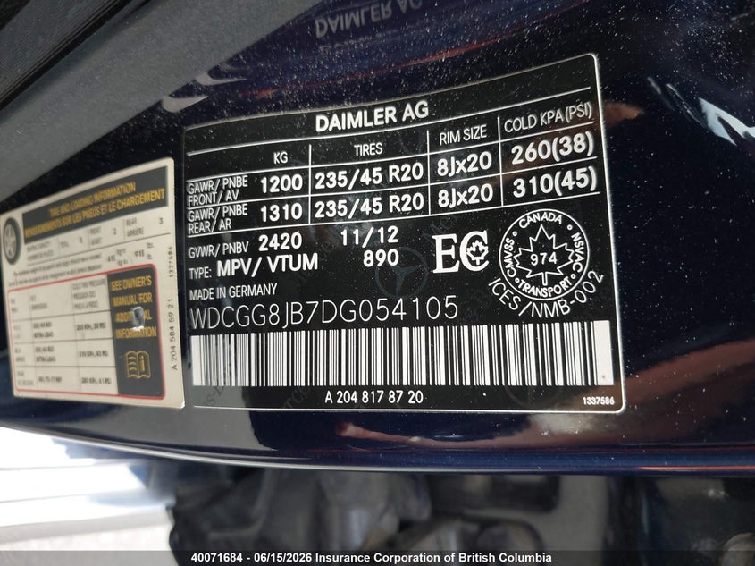 2013 Mercedes-Benz Glk 350 4Matic VIN: WDCGG8JB7DG054105 Lot: 40071684