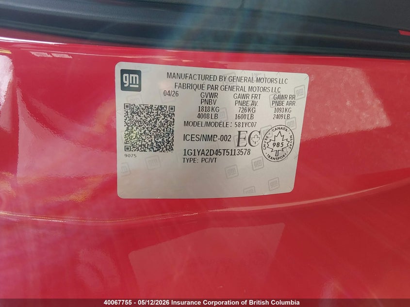 2026 CHEVROLET CORVETTE COUPE 6.2L V-8 DI, VVT, 490HP