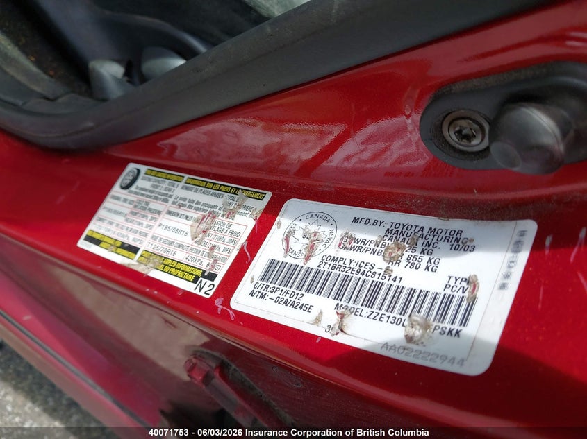 2004 Toyota Corolla Ce/Le/S VIN: 2T1BR32E94C815141 Lot: 40071753