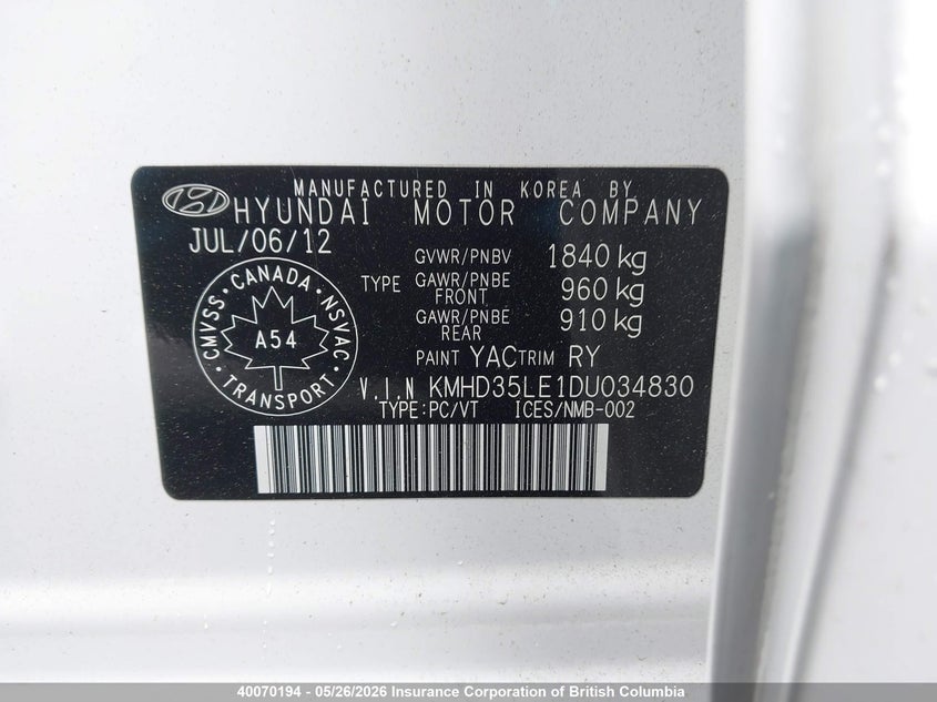 2013 Hyundai Elantra Gt VIN: KMHD35LE1DU034830 Lot: 40070194