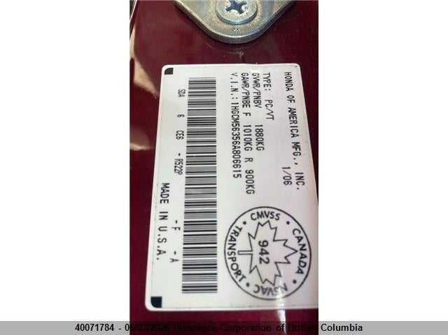 2006 Honda Accord Se VIN: 1HGCM56356A806615 Lot: 40071784