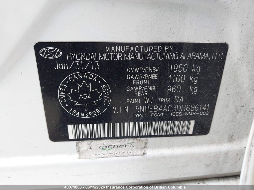 2013 HYUNDAI SONATA SEDAN 2.4L I-4 DI, DOHC, VVT, 198HP