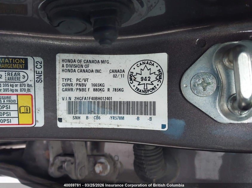 2011 Honda Civic Dx-G VIN: 2HGFA1F40BH012401 Lot: 40059781