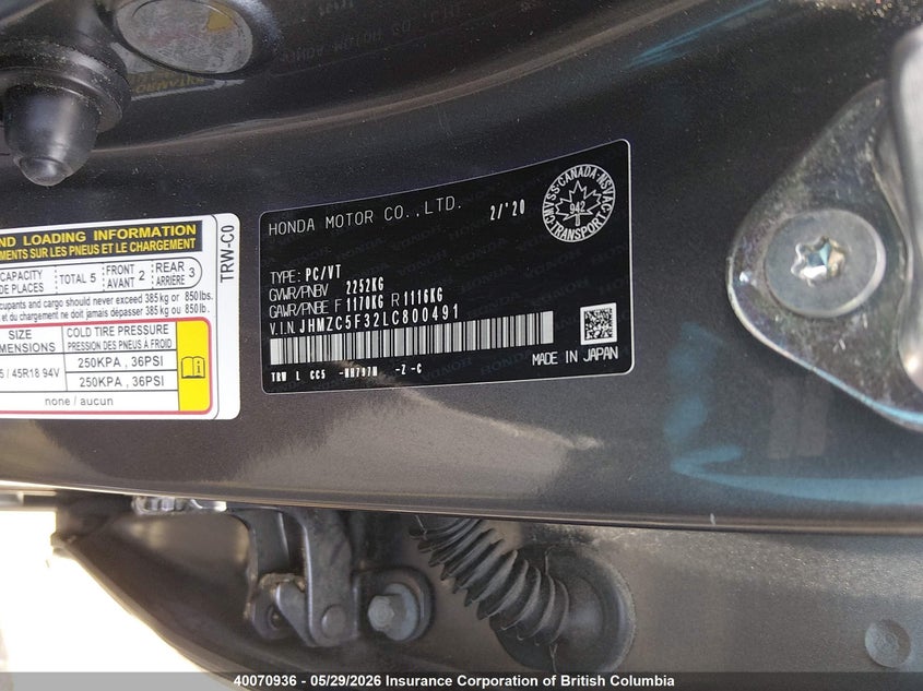 2020 Honda Clarity Touring VIN: JHMZC5F32LC800491 Lot: 40070936