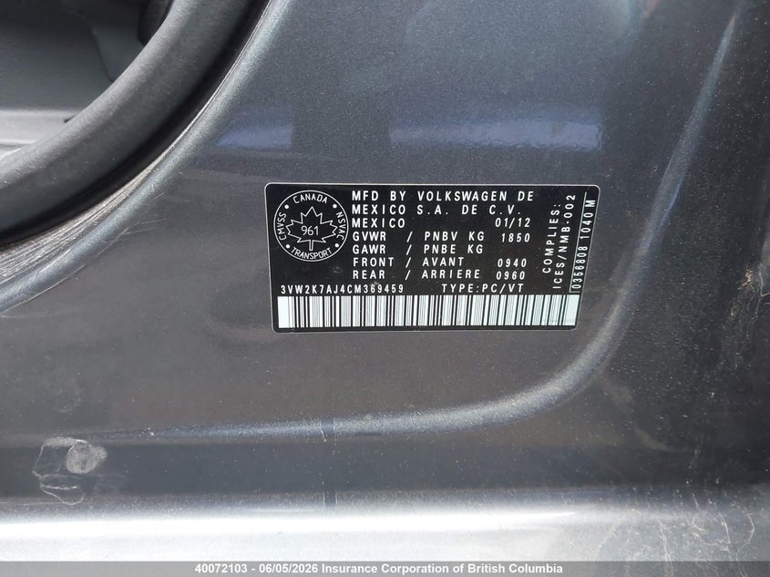 2012 VOLKSWAGEN JETTA SEDAN 2.0L I4 FI DOHC 16V NF4