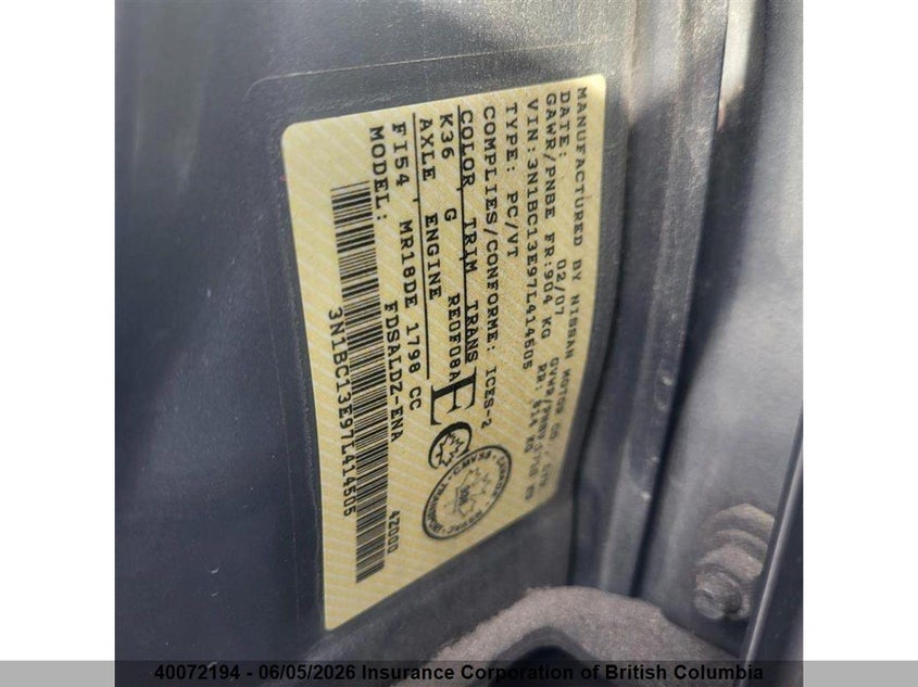 2007 NISSAN VERSA SEDAN 1.8L I4 FI DOHC 16V NF4