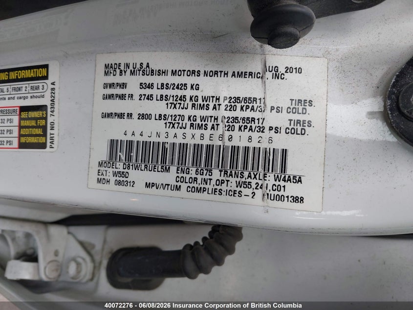 2011 MITSUBISHI ENDEAVOR SPORT UTILITY VEHICLE 3.8L V6 FI SOHC 24V NF4