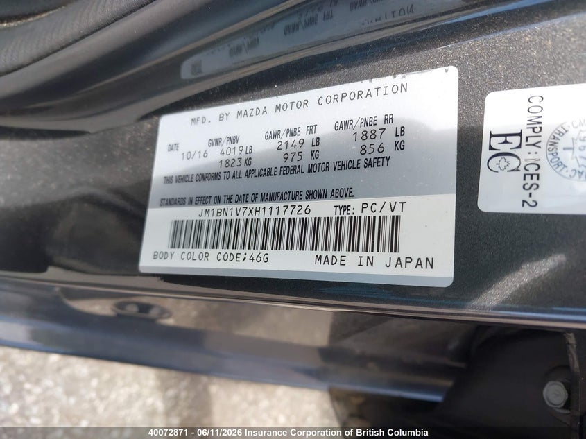 2017 MAZDA 3 SEDAN 2.0L I4 N