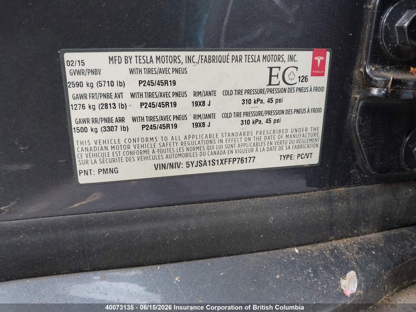 2015 TESLA MODEL S HATCHBACK ELECTRIC