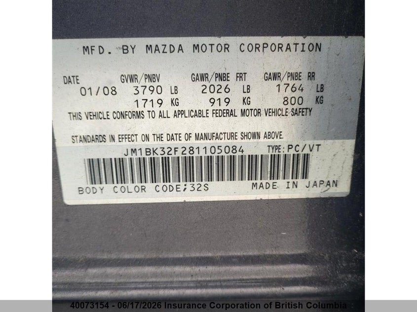 2008 MAZDA 3 HATCHBACK 2.0L I4 FI DOHC 16V F4