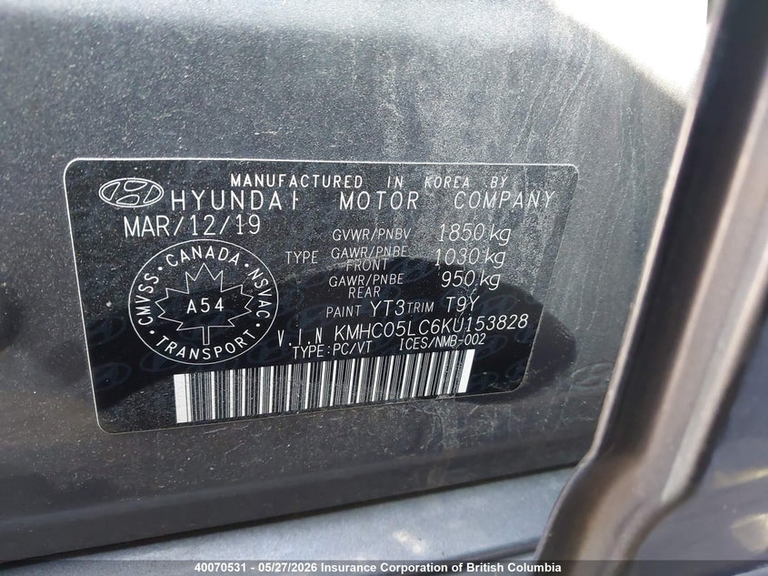 2019 Hyundai Ioniq Limited VIN: KMHC05LC6KU153828 Lot: 40070531
