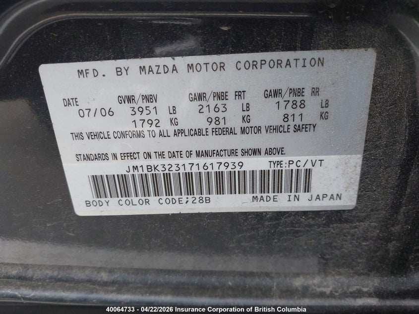 2007 MAZDA 3 HATCHBACK 2.3L I-4 DOHC, VVT, 156HP