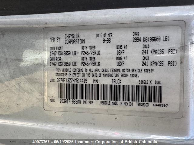 1999 Dodge Ram 1500 VIN: 3B7HF13Z7XM514419 Lot: 40073367