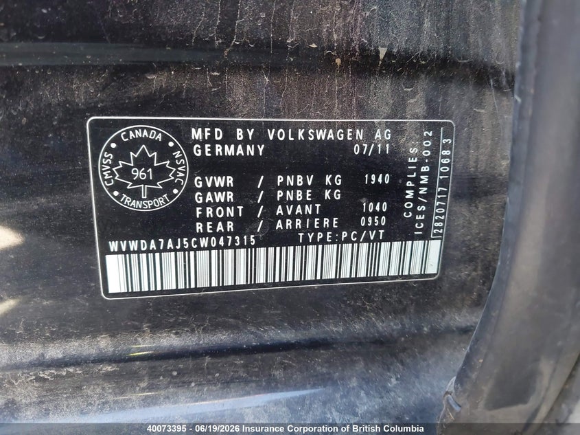 2012 Volkswagen Golf VIN: WVWDA7AJ5CW047315 Lot: 40073395
