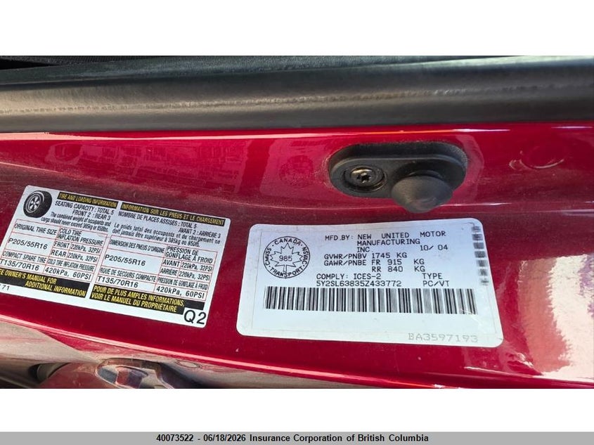 2005 Pontiac Vibe VIN: 5Y2SL63835Z433772 Lot: 40073522