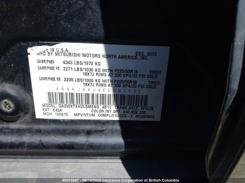2014 Mitsubishi Rvr VIN: 4A4AJ4AU4EE603692 Lot: 40073547